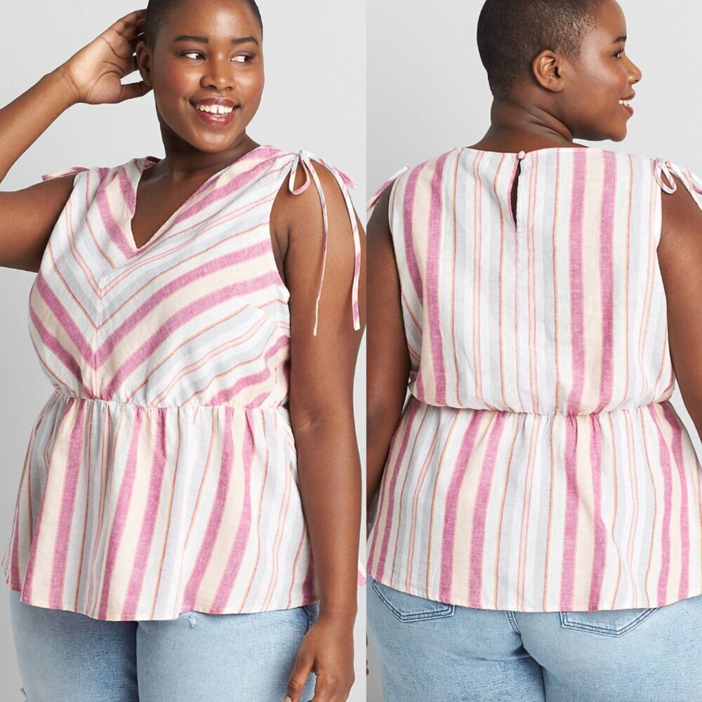 LANE BRYANT Plus Size Linen Striped Tie Shoulder Top Pink White Chevron Tank 2X